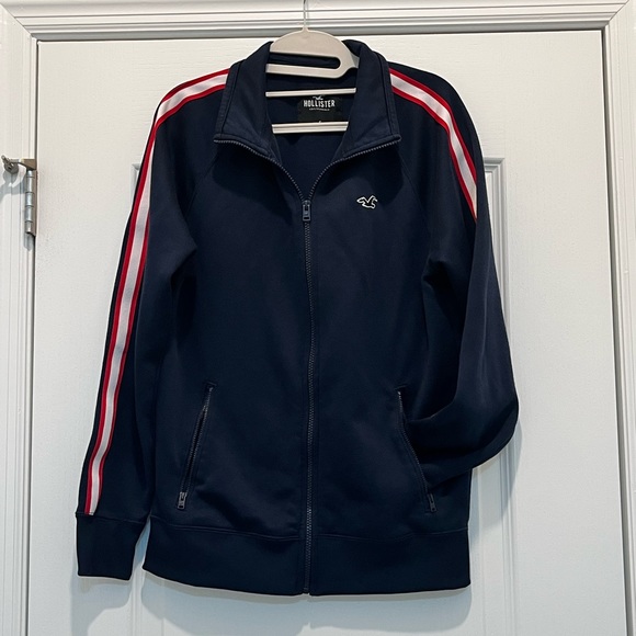 Hollister Unisex Jacket Navy Blue with Red and White Stripes on Arms Size Small. - Picture 2 of 5